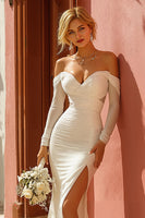 Load image into Gallery viewer, White Ruched Off the Shoulder Mermaid Floor-Length Wedding Dress with Slit
