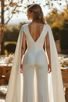 Load image into Gallery viewer, Ivory Fitted Deep V-Neck Bridal Jumpsuits with Cape