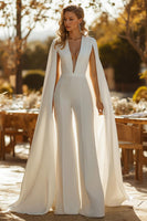 Load image into Gallery viewer, Women Ivory Bridal Jumpsuits with Cape Deep V-Neck Wide Leg Fitted Wedding Jumpsuits