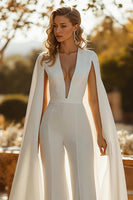Load image into Gallery viewer, Ivory Fitted Deep V-Neck Bridal Jumpsuits with Cape