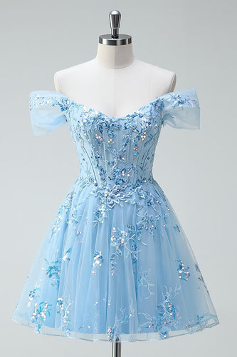 Sparkly Sky Blue A Line Tulle Short Corset Prom Dress with Appliques