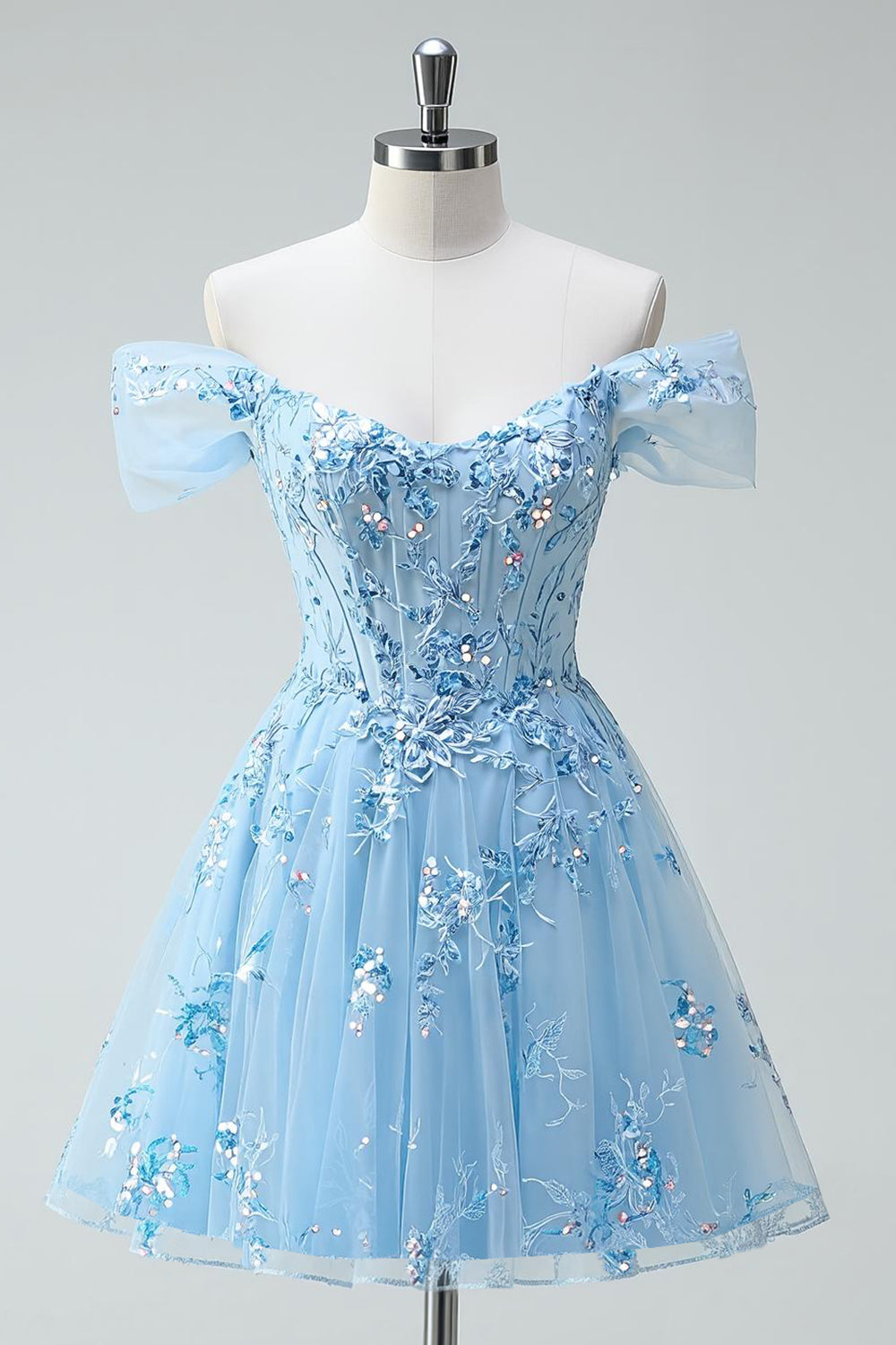 Sparkly Sky Blue A Line Tulle Short Corset Prom Dress with Appliques