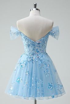 Sparkly Sky Blue A Line Tulle Short Corset Prom Dress with Appliques