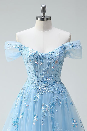 Sparkly Sky Blue A Line Tulle Short Corset Prom Dress with Appliques