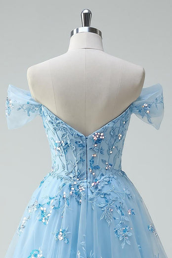 Sparkly Sky Blue A Line Tulle Short Corset Prom Dress with Appliques