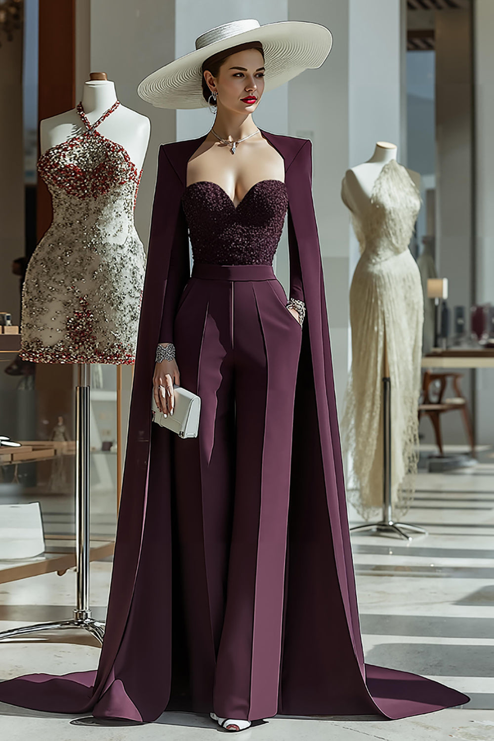 Long Sleeves Cabernet Mother of the Bride Jumpsuits with Pockets