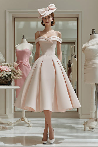 Candy Pink A Line Cold Shoulder Midi Mother of the Bride Dress