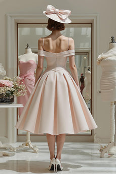 Candy Pink A Line Cold Shoulder Midi Mother of the Bride Dress
