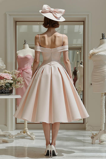 Queendancer Women Candy Pink Midi Mother of the Bride Dress Satin Cold Shoulder A Line Wedding Guest Dress – queendanceruk