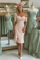 Load image into Gallery viewer, Blush Pink One Shoulder Bodycon Midi Mother of the Bride Dress with Sleeves