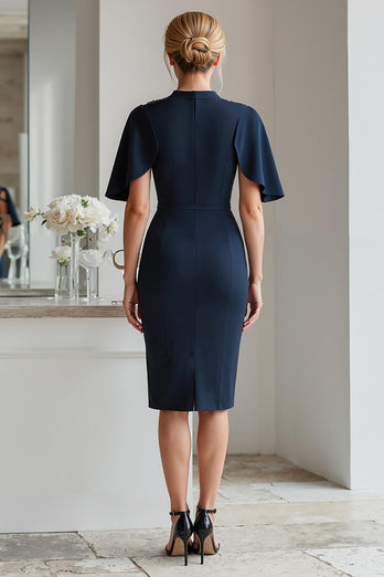 Sparkly Navy Beaded Bodycon Midi Mother of the Bride Dress with Sleeves