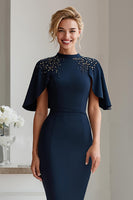 Load image into Gallery viewer, Sparkly Navy Beaded Bodycon Midi Mother of the Bride Dress with Sleeves