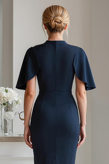 Sparkly Navy Beaded Bodycon Midi Mother of the Bride Dress with Sleeves