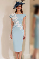 Load image into Gallery viewer, Light Blue Floral Bodycon Boat Neck Midi Mother of the Bride Dress with Slit