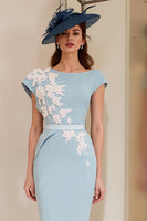 Load image into Gallery viewer, Light Blue Floral Bodycon Boat Neck Midi Mother of the Bride Dress with Slit