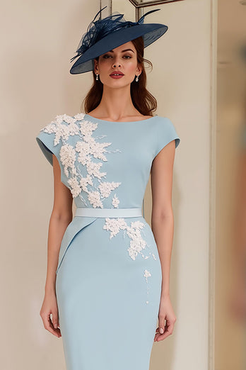 Light Blue Floral Bodycon Boat Neck Midi Mother of the Bride Dress with Slit