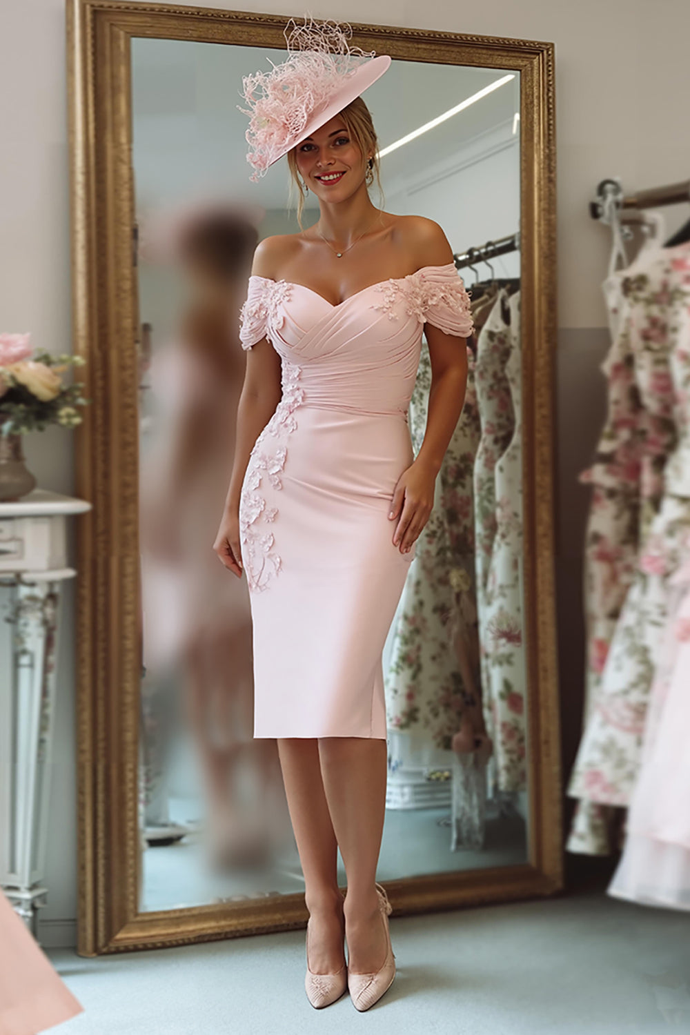 Blush Pink Floral Off the Shoulder Bodycon Midi Mother of the Bride Dress
