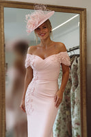 Load image into Gallery viewer, Blush Pink Floral Off the Shoulder Bodycon Midi Mother of the Bride Dress