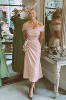Load image into Gallery viewer, Blush Pink Bodycon Off the Shoulder Midi Mother of the Bride Dress
