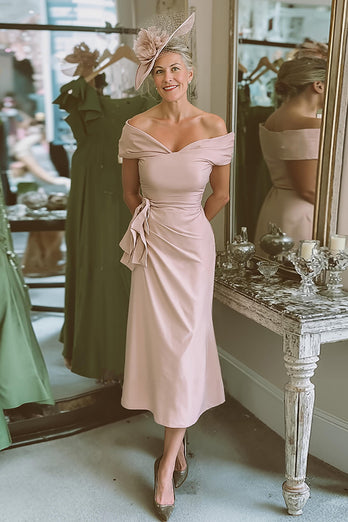 Blush Pink Bodycon Off the Shoulder Midi Mother of the Bride Dress