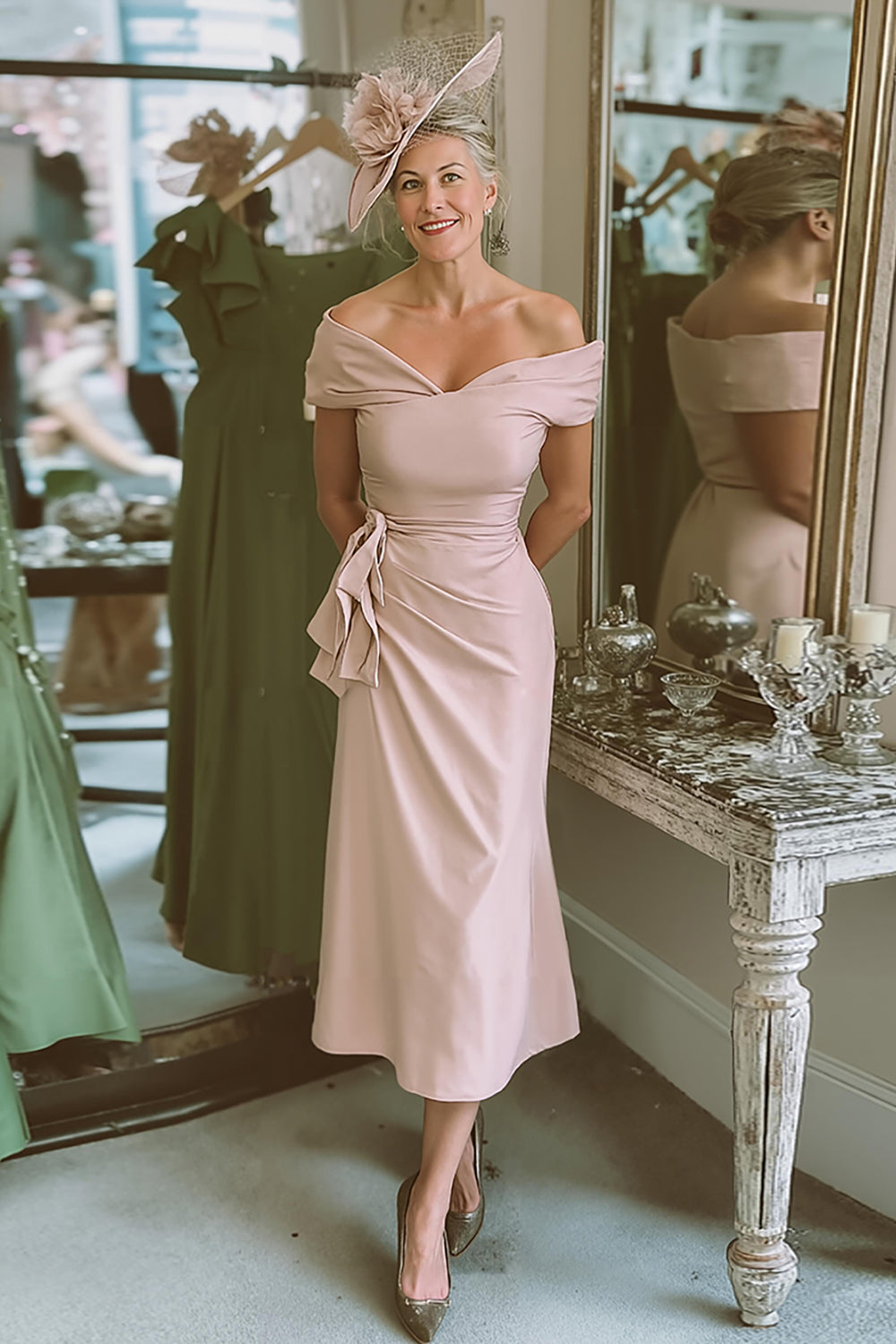 Blush Pink Bodycon Off the Shoulder Midi Mother of the Bride Dress
