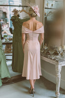 Load image into Gallery viewer, Blush Pink Bodycon Off the Shoulder Midi Mother of the Bride Dress