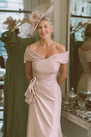 Load image into Gallery viewer, Blush Pink Bodycon Off the Shoulder Midi Mother of the Bride Dress