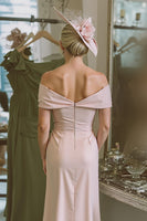 Load image into Gallery viewer, Blush Pink Bodycon Off the Shoulder Midi Mother of the Bride Dress