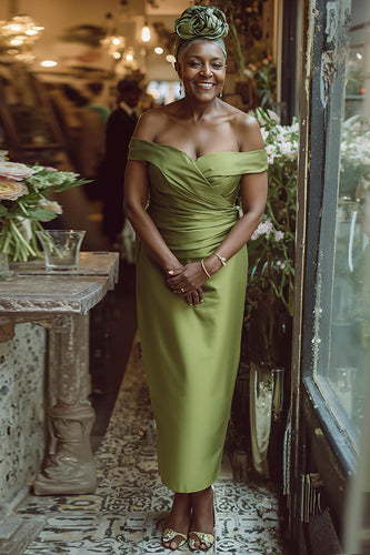 Dusty Sage Off the Shoulder Sheath Long Mother of the Bride Dress