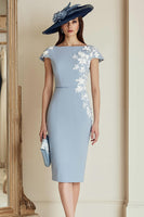 Load image into Gallery viewer, Dusty Blue Floral Bateau Neck Bodycon Midi Mother of the Bride Dress with Sleeves