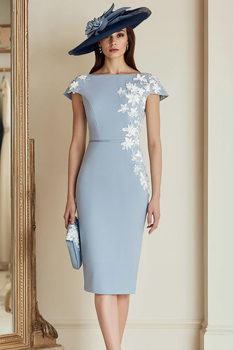 Dusty Blue Floral Bateau Neck Bodycon Midi Mother of the Bride Dress with Sleeves