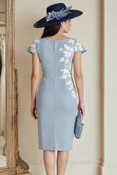 Dusty Blue Floral Bateau Neck Bodycon Midi Mother of the Bride Dress with Sleeves
