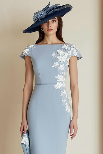Dusty Blue Floral Bateau Neck Bodycon Midi Mother of the Bride Dress with Sleeves