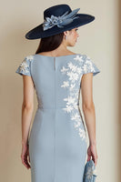 Load image into Gallery viewer, Dusty Blue Floral Bateau Neck Bodycon Midi Mother of the Bride Dress with Sleeves