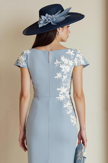 Dusty Blue Floral Bateau Neck Bodycon Midi Mother of the Bride Dress with Sleeves