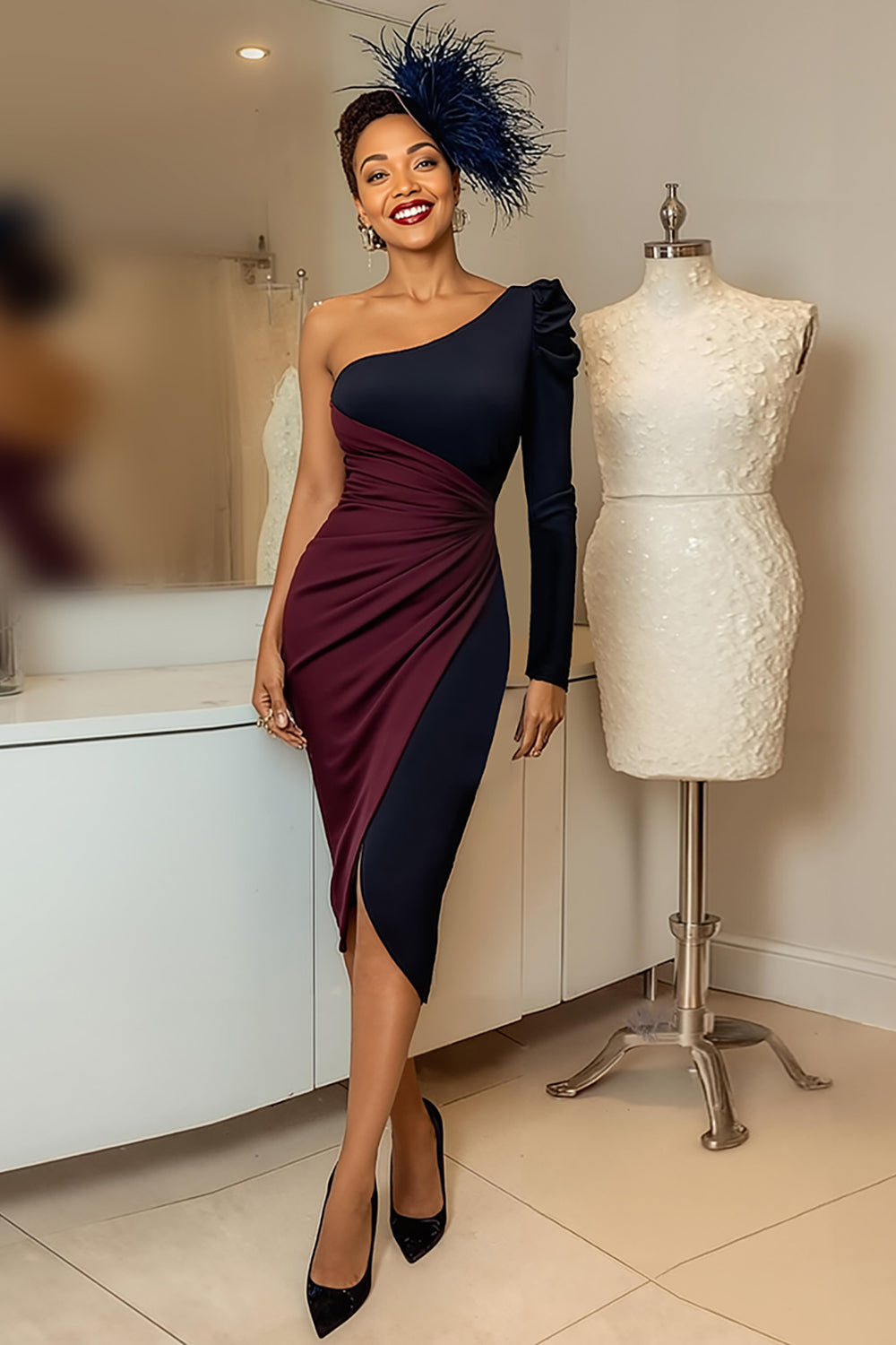 Burgundy Navy Ruched One Shoulder Midi Mother of the Bride Dress with Sleeves