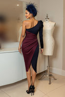 Load image into Gallery viewer, Burgundy Navy Ruched One Shoulder Midi Mother of the Bride Dress with Sleeves