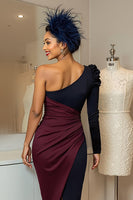 Load image into Gallery viewer, Burgundy Navy Ruched One Shoulder Midi Mother of the Bride Dress with Sleeves