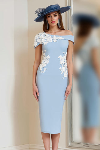 Light Blue One Shoulder Floral Bodycon Midi Mother of the Bride Dress with Slit