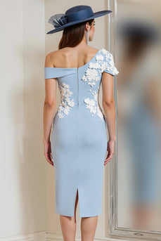Light Blue One Shoulder Floral Bodycon Midi Mother of the Bride Dress with Slit