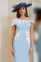 Load image into Gallery viewer, Light Blue One Shoulder Floral Bodycon Midi Mother of the Bride Dress with Slit