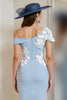 Load image into Gallery viewer, Light Blue One Shoulder Floral Bodycon Midi Mother of the Bride Dress with Slit
