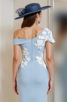 Load image into Gallery viewer, Light Blue One Shoulder Floral Bodycon Midi Mother of the Bride Dress with Slit