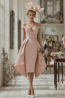 Load image into Gallery viewer, Blush Pink Bodycon Off the Shoulder Midi Mother of the Bride Dress with Cape