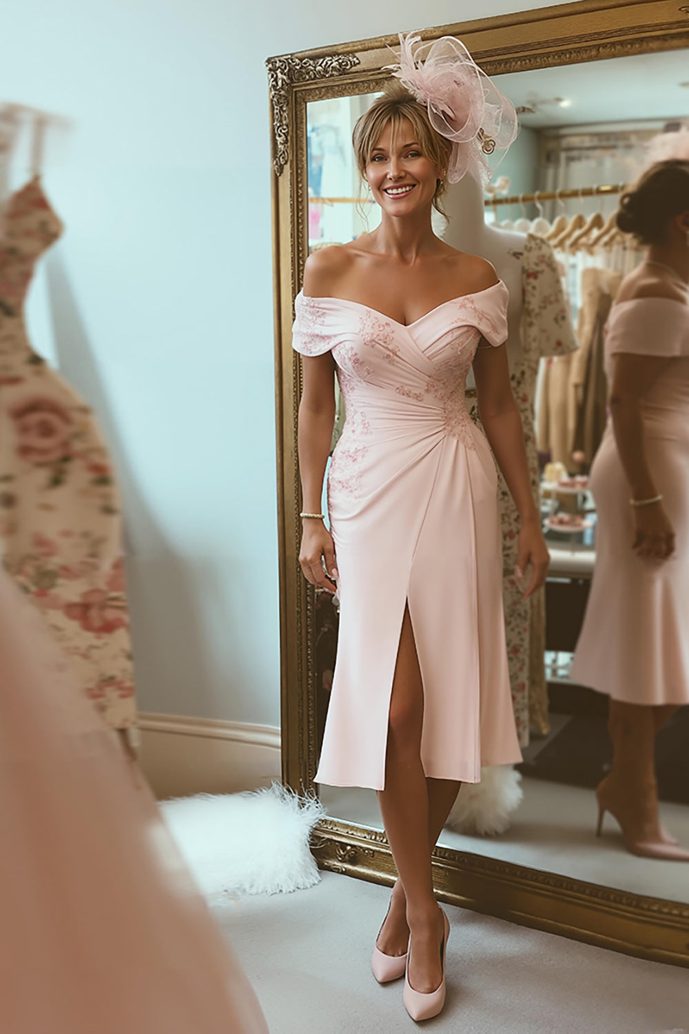 Blush Pink Off the Shoulder Ruched Midi Mother of the Bride Dress with Slit