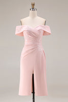 Load image into Gallery viewer, Blush Pink Off the Shoulder Ruched Midi Mother of the Bride Dress with Slit