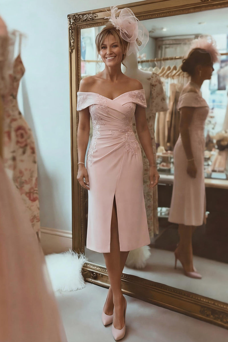 Load image into Gallery viewer, Blush Pink Off the Shoulder Ruched Midi Mother of the Bride Dress with Slit