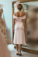 Load image into Gallery viewer, Blush Pink Off the Shoulder Ruched Midi Mother of the Bride Dress with Slit