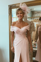 Load image into Gallery viewer, Blush Pink Off the Shoulder Ruched Midi Mother of the Bride Dress with Slit