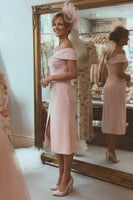 Load image into Gallery viewer, Blush Pink Off the Shoulder Ruched Midi Mother of the Bride Dress with Slit
